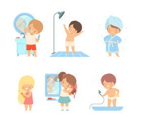 Wall Mural - Child morning bathroom routine. Cute kids taking shower, combing hair and brushing teeth cartoon vector illustration