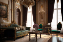 A Lavish And Traditional Throwback Of European Royal Palace Style Living Room Interior With A Variety Of Furniture In A Private Residence. Generative AI