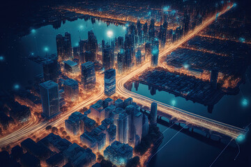 Wall Mural - Aerial image of the cityscape with smart services and icons, the internet of things, networks, and the concept of augmented reality in the night. Generative AI