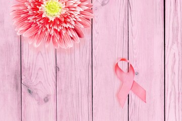 Sticker - Pink ribbon and fresh flower. Breast Cancer concept