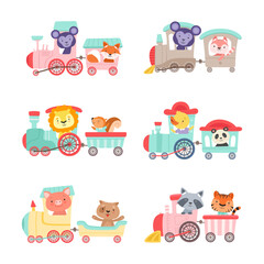 Wall Mural - Cute animals riding train set. Little monkey, cat, lion, squirrel, panda, duckling, tiger on toy locomotive cartoon vector illustration