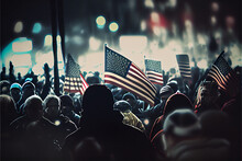 Street Crowd In A Protest Or Demonstration, Waving US Flags, Generative AI