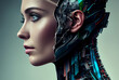 © wetzkaz - a woman half-robot or a humanoid android with artificial intelligence parts or a technological upgrade as human evolution, mechanical body parts. Generative AI