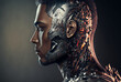 © wetzkaz - a young attractive man as half-robot or a humanoid android with artificial intelligence parts or a technological upgrade as human evolution, mechanical body parts. Generative AI