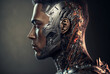 © wetzkaz - a young attractive man as half-robot or a humanoid android with artificial intelligence parts or a technological upgrade as human evolution, mechanical body parts. Generative AI