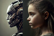 © wetzkaz - a child girl half-robot or a humanoid android with artificial intelligence parts or a technological upgrade as human evolution, mechanical body parts. Generative AI