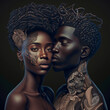 © wetzkaz - African black beautiful young persons, one woman and one man with bare upper body and elegant look. Generative AI