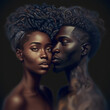 © wetzkaz - African black beautiful young persons, one woman and one man with bare upper body and elegant look. Generative AI