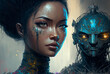 © wetzkaz - Painting of a woman and a robot in the background, head and face. Generative AI