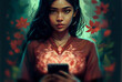 © wetzkaz - A mobile phone held by an Indonesian or Asian looking woman with a creative look and trendy outfit, slim figure and dark hair around a pretty face. Generative AI