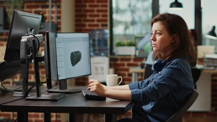 Poster - Female engineer working on turbine component development, using professional manufacturing software. Agency employee developing 3d engine component with infographics, creative skills.