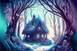 An magical fairy tale forest with house. The towering trees of this mythical realm are like something out of a storybook. 