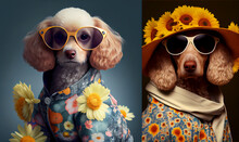 Cute Dog In A Sun Glasses. Background With Flowers. One Tone Background.