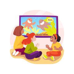 Wall Mural - Watching cartoon in foreign language isolated cartoon vector illustration.