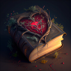 Wall Mural - generative ai: old book with secrets wrapped in branches with thorns and roses
