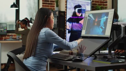 Poster - Female artistic editor working on gaming production to create professional content, using touchscreen display. Expert developing 3D scenes and creative graphics on professional software.
