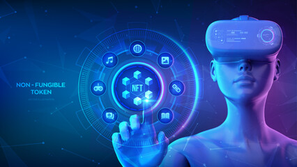 NFT. Non-fungible token digital crypto art blockchain technology concept. Investment in cryptographic. Cyberspace of metaverse. Girl wearing VR headset glasses touching digital interface. Vector.