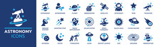 Astronomy Icon Set. Containing Satellite, Universe, Astronaut, Rocket, Comet, Telescope And Planet Icons. Solid Icon Collection.