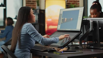 Poster - Team of people working with touchscreen display for gaming app development in creative agency. Professional creators using graphics on modern software to develop new interface plan.