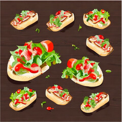 Canvas Print - Bruschetta . Frisches Baguette belegt mit Tomaten und Salat