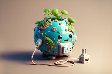 cute earth with EV plug connection, reen power and safe earth concept, AI generate 