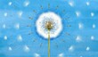 3d mural interior wallpaper. One dandelion on light blue turquoise watercolor background golden rays around the flower.Wall art for living room decor.Floral trendy background with symmetrical