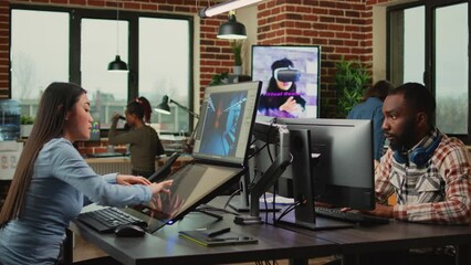Poster - Employee game developer working in creative production department to create professional web content in office. Asian woman developing 3D graphics components with engineering software