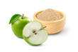 Apple pectin fiber powder in wooden bowl with apple on white background.