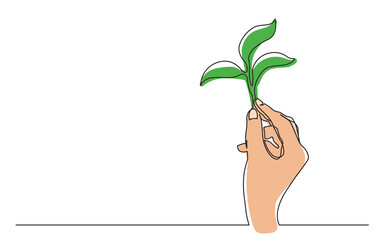 Wall Mural - continuous line drawing hand holding growing plant in color - PNG image with transparent background