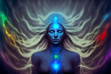 Wall Mural - Astral spiritual enlightened female with glowing long hair, meditating in a healing energy aura of chakra colors as a blue iridescent realistic woman from a fantasy world.