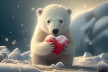 Cute Polar Bear Holding Red Heart Lonely In North Pole With Snowfall Background. Animal And Landscape Concept. Valentines Day Theme. Generative AI