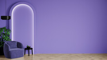 Accent Arch Frame. Lounge Area In The Living Room Interior Design. Purple Color Background Interior With Furniture - Mockup Painting Wall. Very Peri Color Or Digital Lavender Lilac Tone. 3d Rendering
