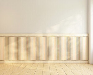 Wall Mural - Minimalist empty room decorated with wood floor and wood slat wall. 3d rendering