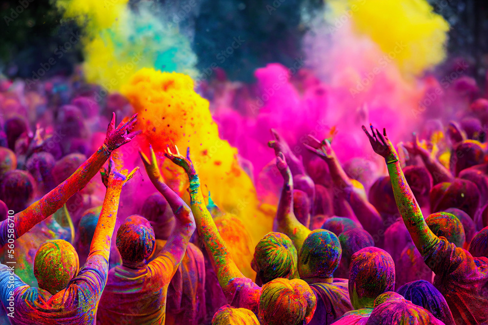 happy hindu indian people celebrate holi festival by throwing colorful powder at each other, generative AI