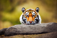 A Dangerous Wild Tiger Peeks Out From Behind A Stone, Generative AI