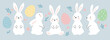 White Easter bunny rabbits in different poses and pastel Easter eggs vector illustration.