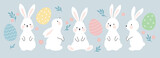 Fototapeta Dinusie - White Easter bunny rabbits in different poses and pastel Easter eggs vector illustration.