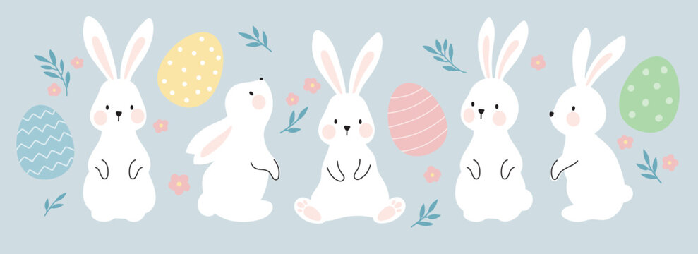 Fototapete - White Easter bunny rabbits in different poses and pastel Easter eggs vector illustration.