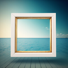 Wall Mural - floating empty white frame against a blue ocean background, generative ai