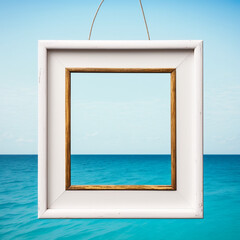 Wall Mural - white empty frame hanging against a blue ocean background, generative ai