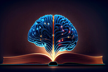 glowing and shining brain lightbulb over an open book with a bookshelf as background