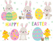 Cute grey bunny rabbits and baby chickens painting Easter eggs vector illustration.