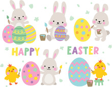 Cute Grey Bunny Rabbits And Baby Chickens Painting Easter Eggs Vector Illustration.