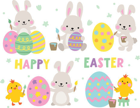 Fototapete - Cute grey bunny rabbits and baby chickens painting Easter eggs vector illustration.