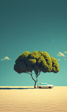 Countryside Landscape Background.  View Of Car Park Under Tree And Yellow Meadow. Illustration Image.