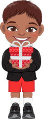 Valentine American African kid with little black boy holding gift box. Dating, Celebrating Valentines day flat icon. Brown short hair young boyfriend cartoon character PNG.