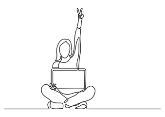 Poster - continuous line drawing sitting woman with laptop showing victory sign - png image with transparent 