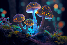 Image For Background, Fantastic Mushrooms, Forest, Digital Illustration, Generated By AI