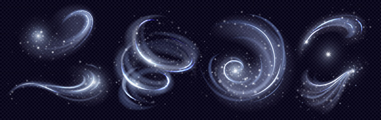 Poster - cold winter light effect, swirl bright twinkle line. wind vortex blow with snowflakes, white blizzar