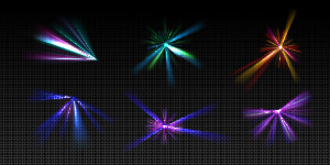 Poster - Bright light beams, laser rays, neon glow effect. Abstract flares, color flashes of disco ball, party lights with rays isolated on transparent background, vector realistic set